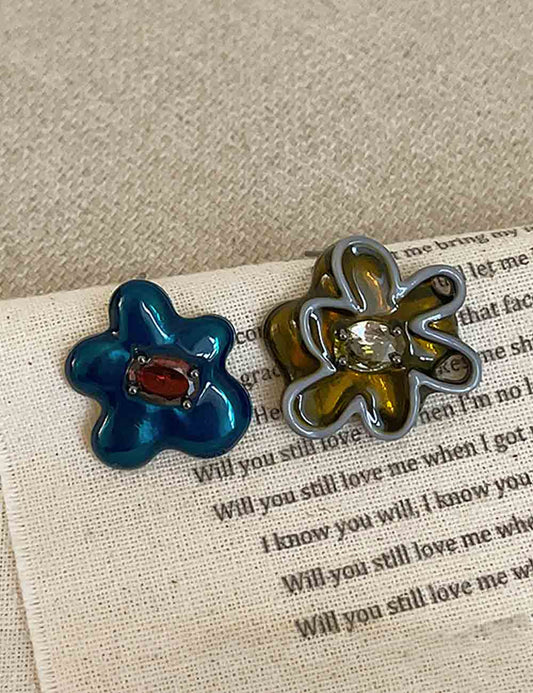Asymmetric Enamel Zircon Flower Stud Earrings