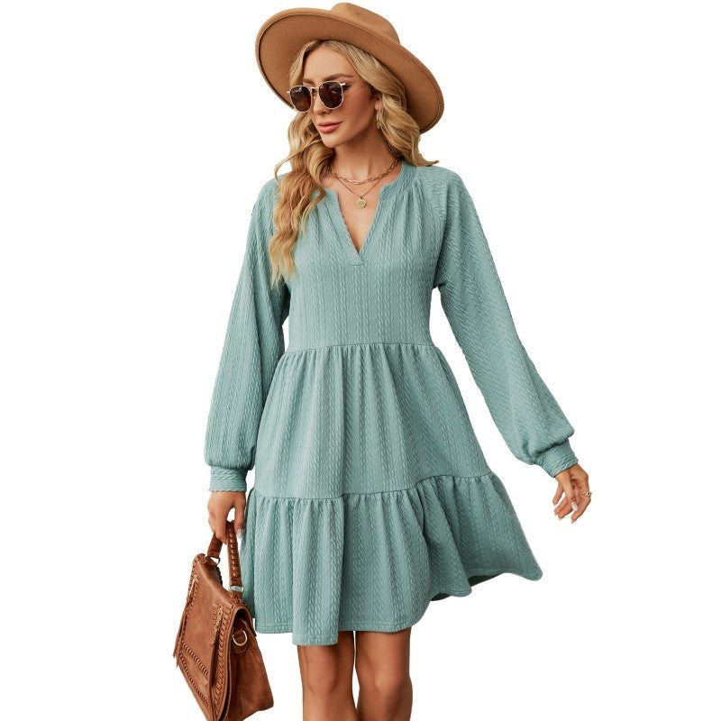 Solid Patchwork Loose Pleated V-Neck Long-Sleeved Dress