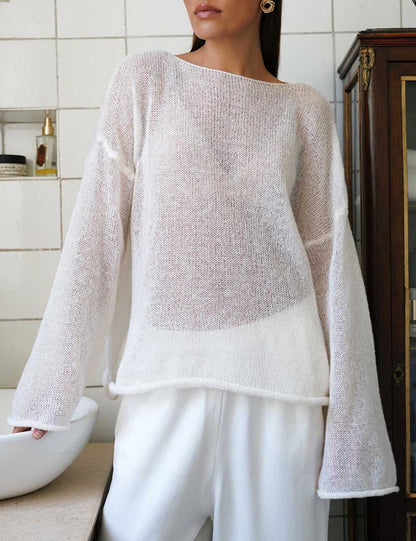 Minimalist Hollow Out Round Neck Sheer Knit Top