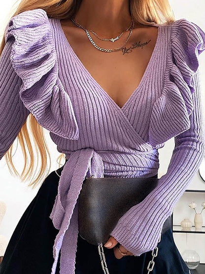 Falbala Lace-Up Long Sleeves Sweater Tops