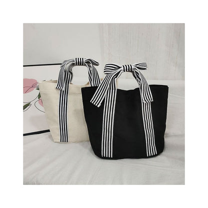 Ladies Bowknot Striped Canvas Handbag
