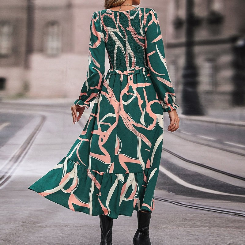Ruffled V-Neck Printed Long-Sleeved Dress