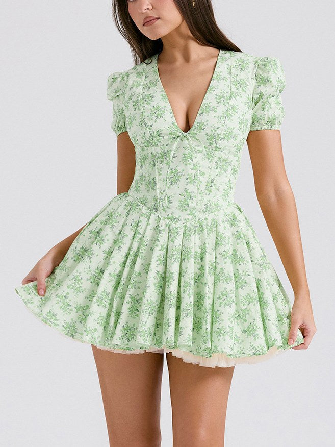 Puffy Sleeves V-Neck A Line Mini Dress