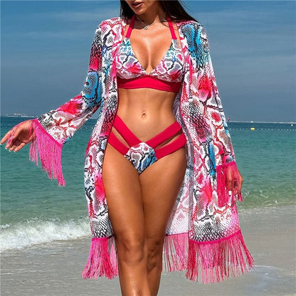 Three Piece Poncho Fringe Bikini Swimsuit