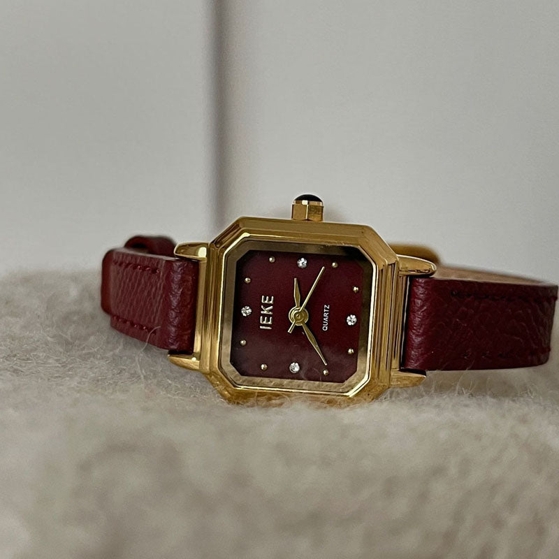 Vintage Octagonal Gold Case Leather Wrist Watch