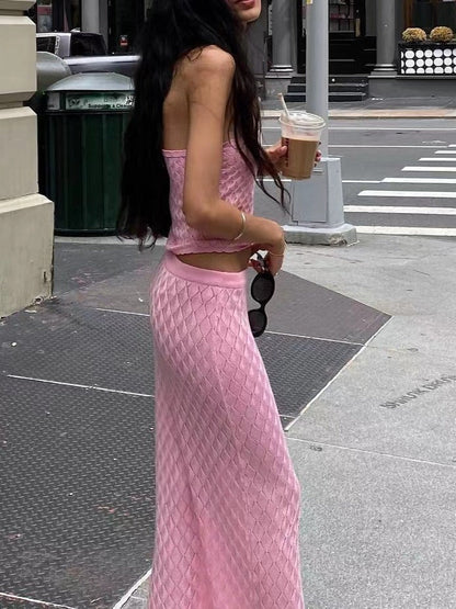 Knit Halter Crop Top and Maxi Skirt Sets