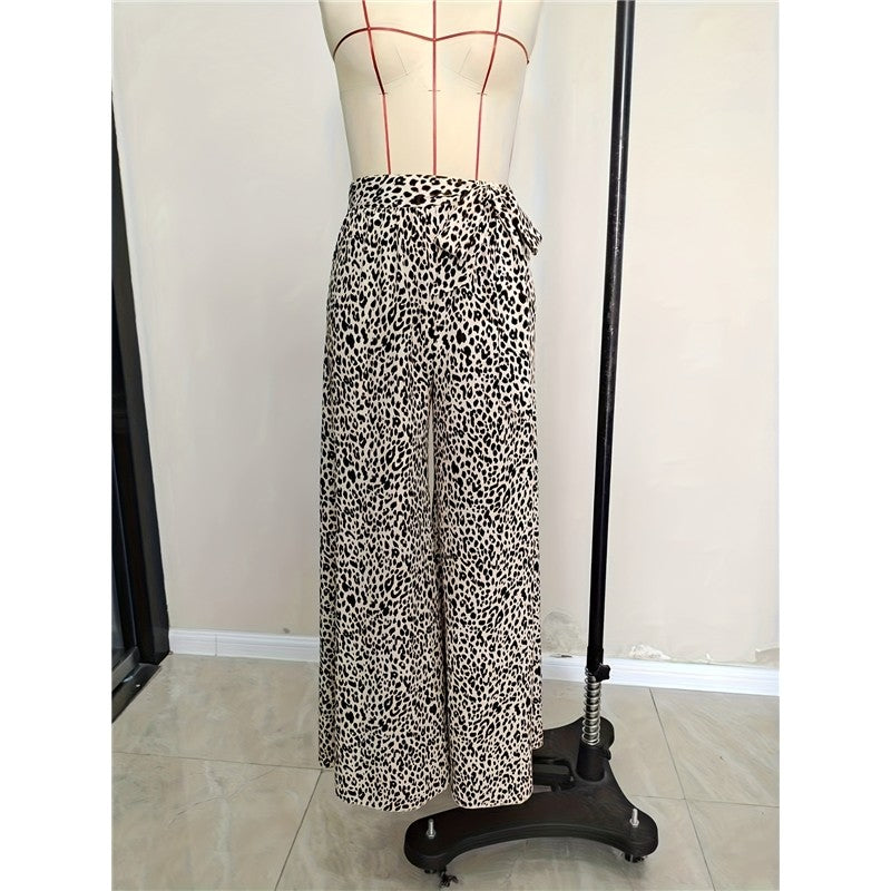 Stretch Waist Leopard Print Flare Pants Bow Tie