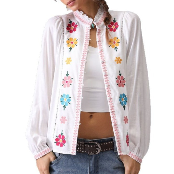 Elegant Flower Embroidered Button Down Top