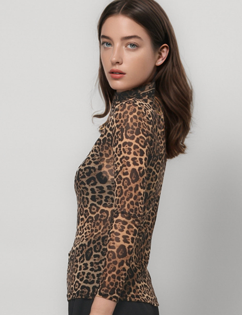Leopard Print HIgh Collar Slim Fit Sexy Mesh Top