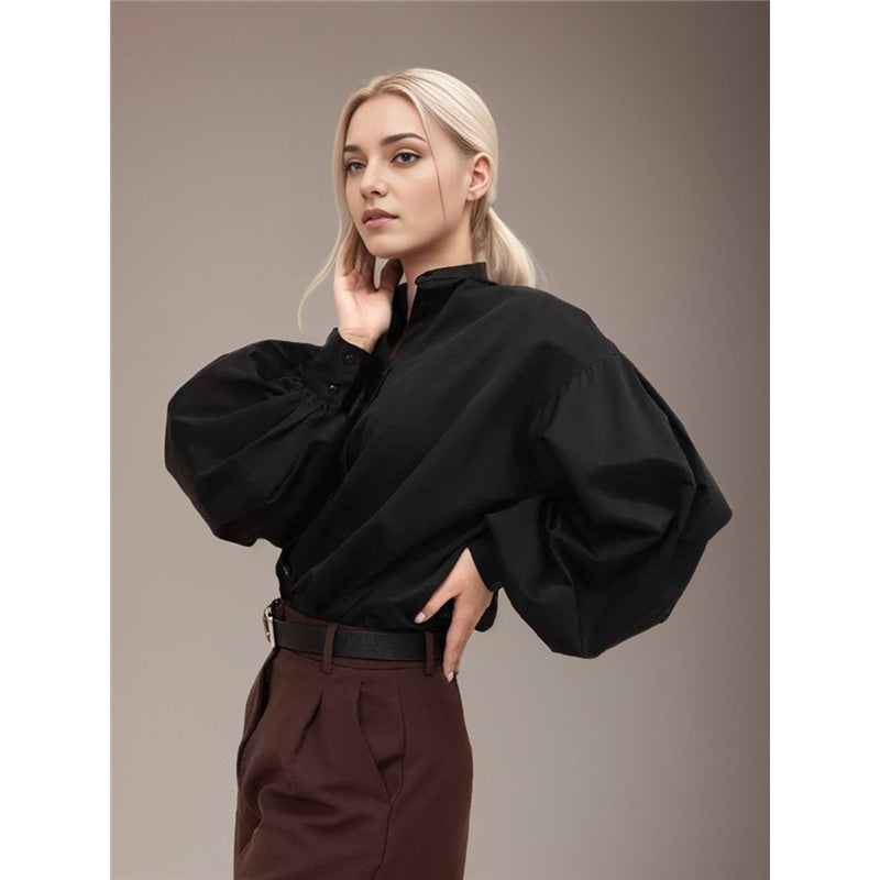 Solid Color Lapel Single Breasted Lantern Sleeves Blouse