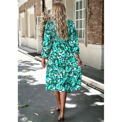 V Neck Print Nine Quarter Sleeve Dress