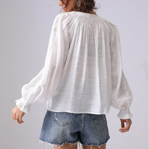 Lace Splicing Ruffle V-Neck Pullover Top