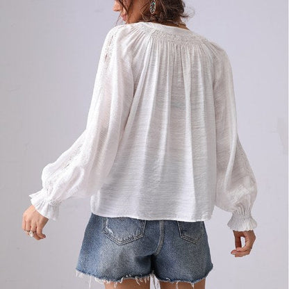 Lace Splicing Ruffle V-Neck Pullover Top