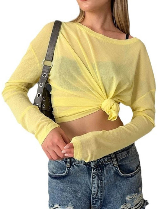 Sexy Sheer Round Neck Long Sleeve Top