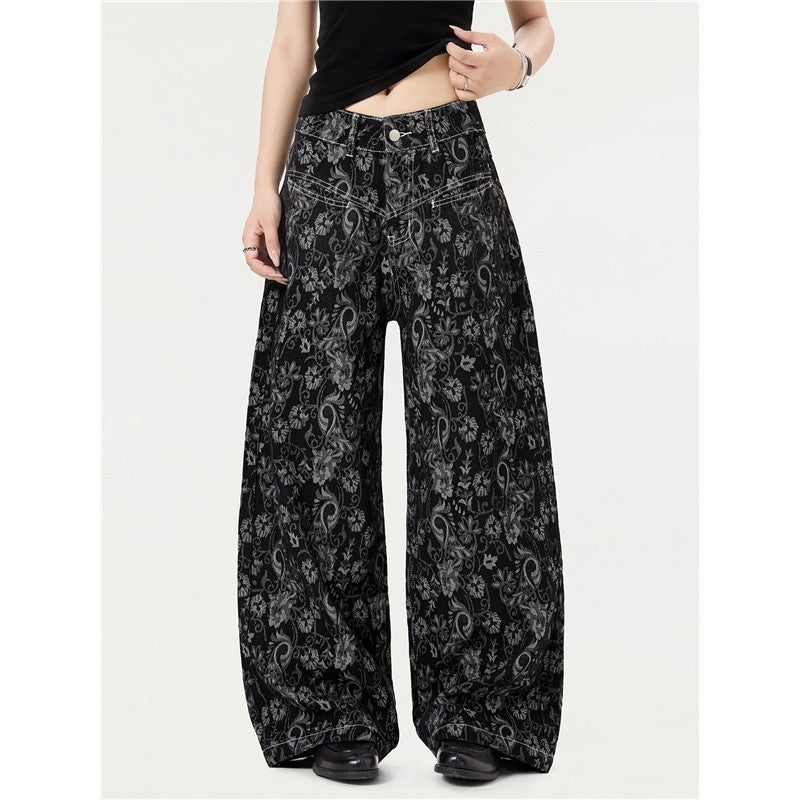 Vintage Pattern Print Loose Wide Leg Jeans
