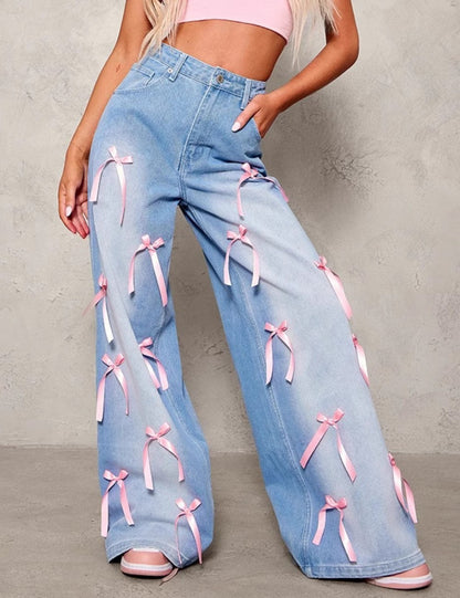 Bow Washed Loose Street Jeans