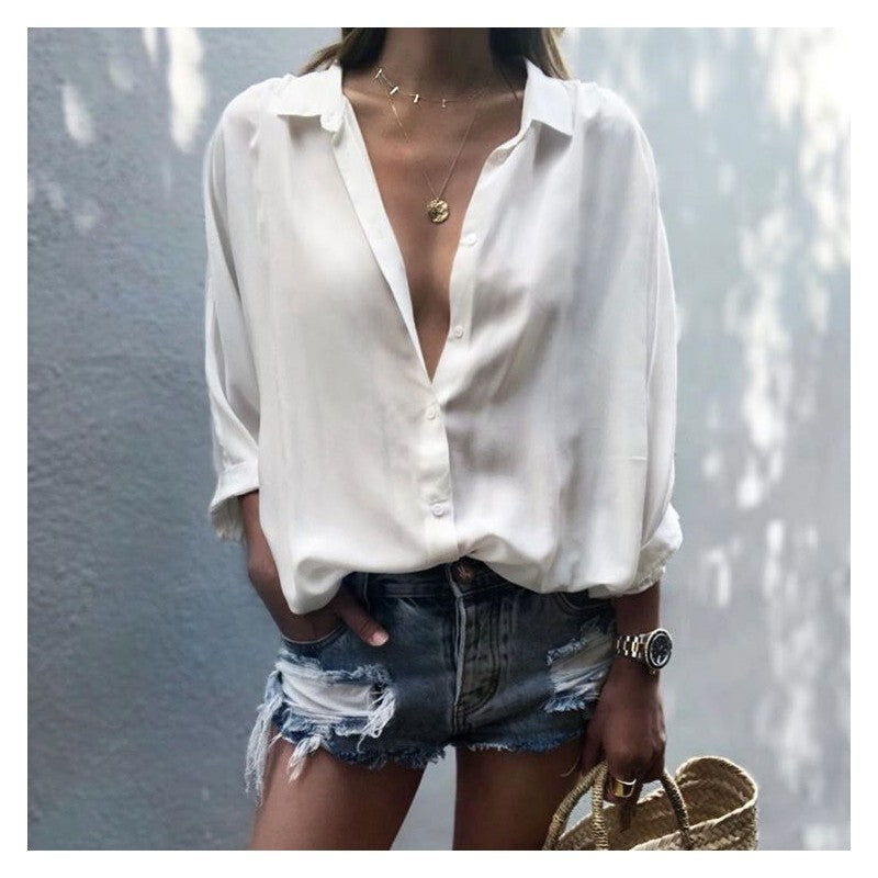 Ladies Deep V Neck Button Chiffon Shirt