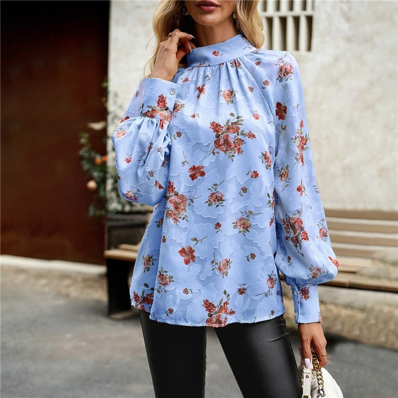 Long Sleeves Half Turtleneck Bandage Floral Printed Blouse
