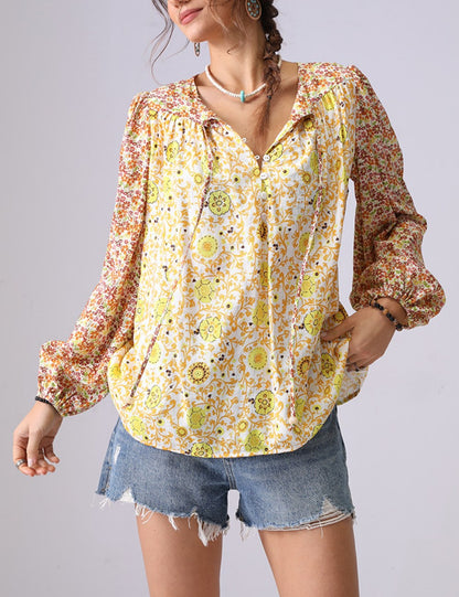 Vintage Floral Print Button Loose Top