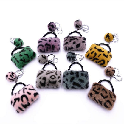 Furry Leopard Print Bag Keychain