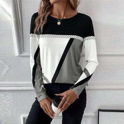 Round Neck Contrast Patchwork Geometric Print T-Shirt