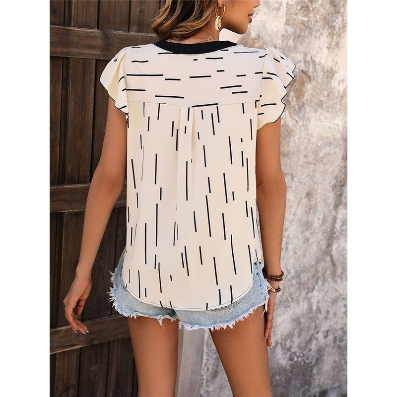 Contrast Color Patchwork Buttoned V-Neck Ruffled Flying Sleeve Striped Shirt