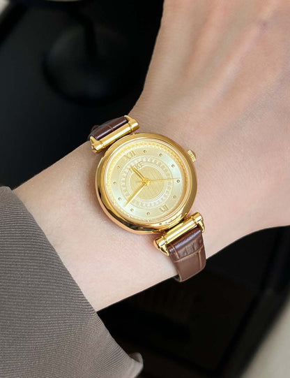 Trendy Round Dial Leather Strap Quartz Watch