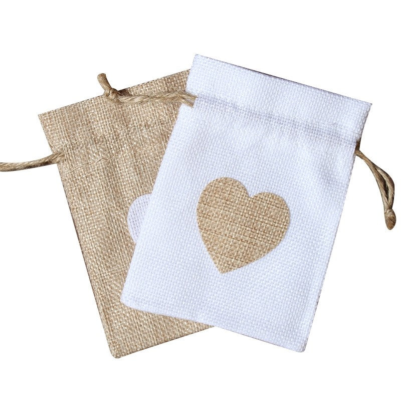 Linen Gift Bag With Heart Print Drawstring
