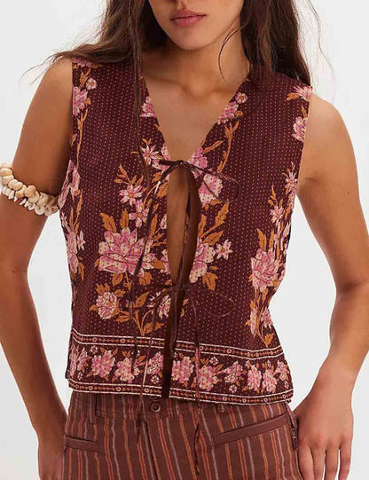 Vintage Flower Print Tie Front Sleeveless Top