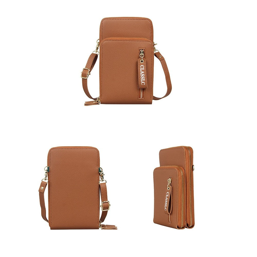 PU Leather Solid Color Double Layer Zippers Large Capacity Multifunctional Cell Phone Purse Crossbody Bag