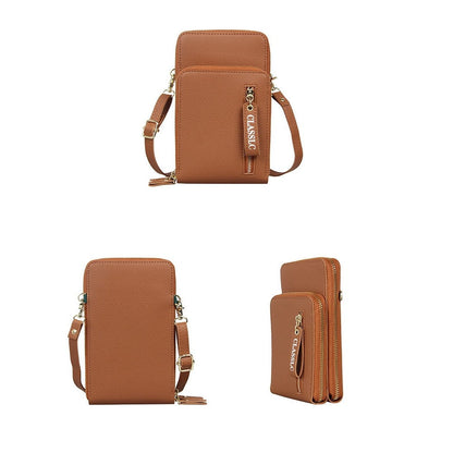 PU Leather Solid Color Double Layer Zippers Large Capacity Multifunctional Cell Phone Purse Crossbody Bag
