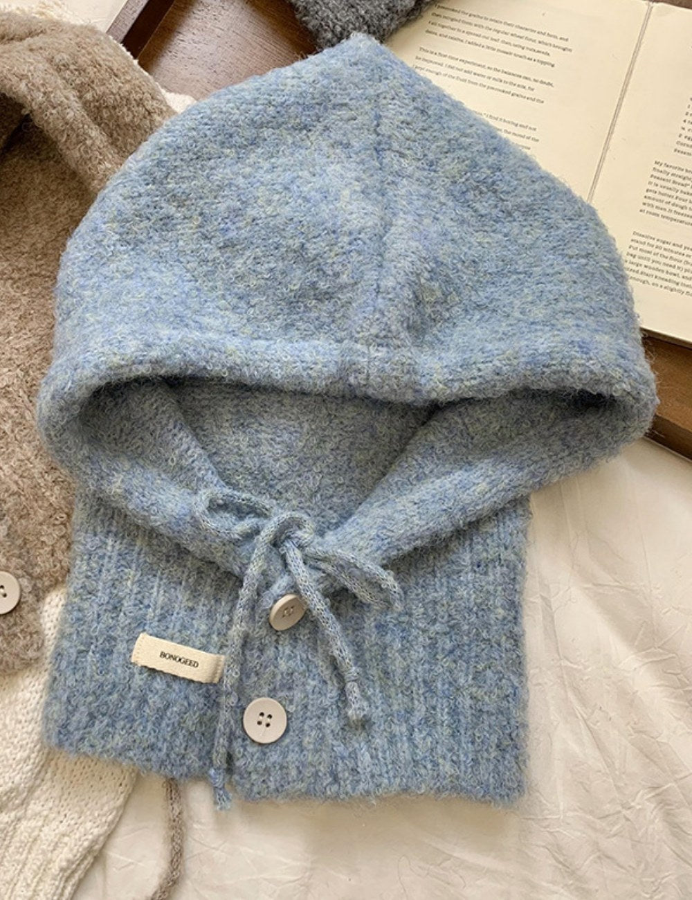 Solid Color Button One-Piece Hat & Scarf