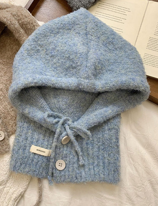 Solid Color Button One-Piece Hat & Scarf