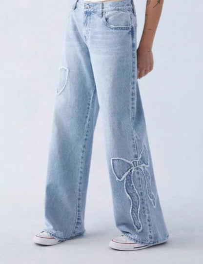 Bow Embroidered Loose Straight Leg Jeans
