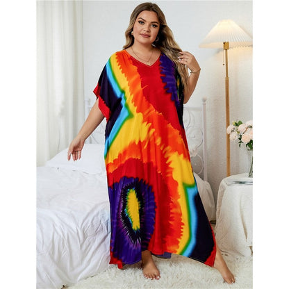 Contrast Color Printing V-Neck Short Sleeve Casual Loose Long Beach Dress Bikini Cover-Up