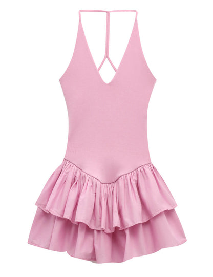 Simple Solid Color Halter Ruffle Dress