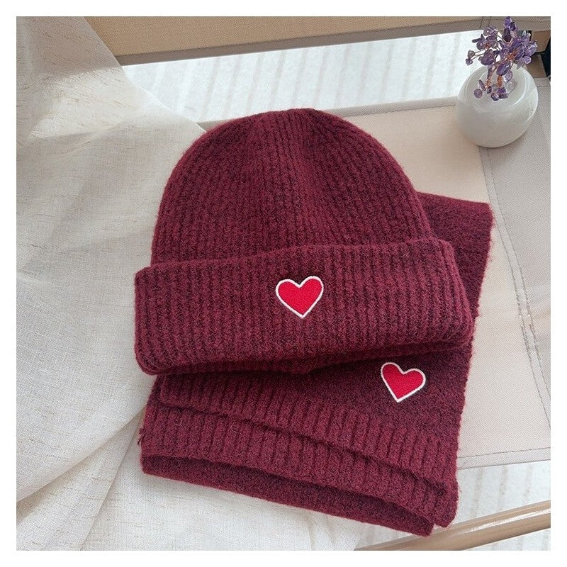 Kids Knit Hat Scarf Set With Heart Embroidery