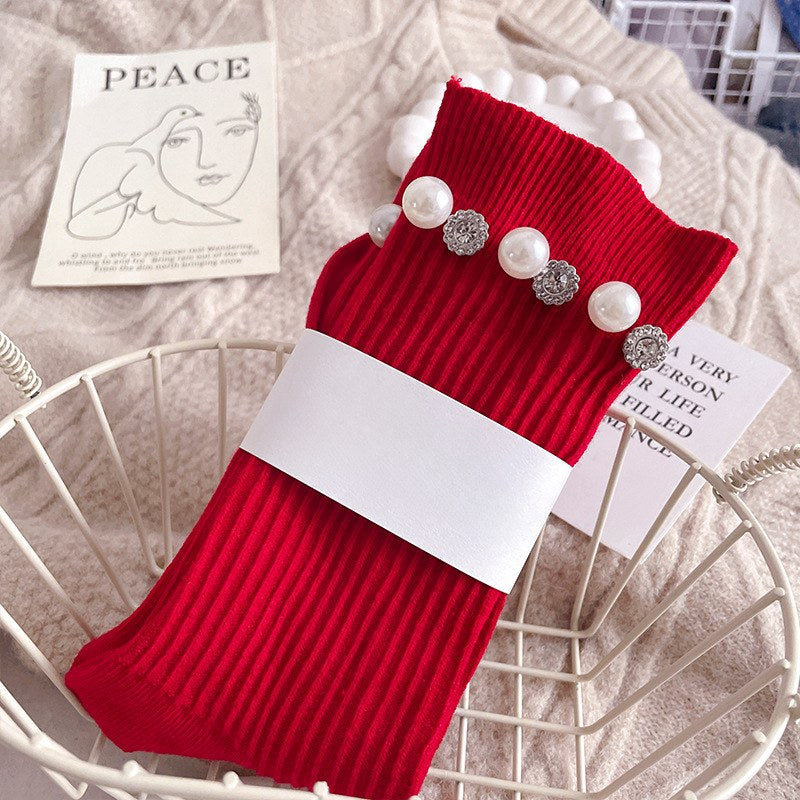 Rhinestone Pearl Solid Color Sweet Socks
