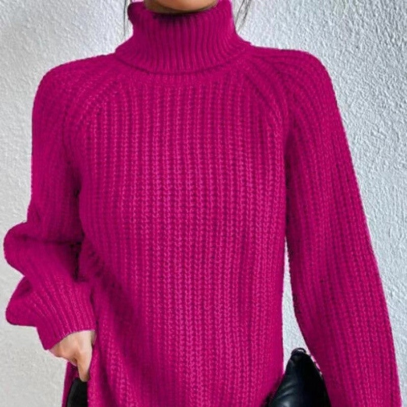 High Collar Raglan Sleeve Sweater Mid-Length Slit Hem Sweater