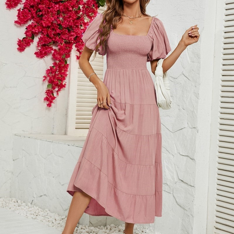 Solid-Waist Wrap Up Dress With High Bubble Sleeves