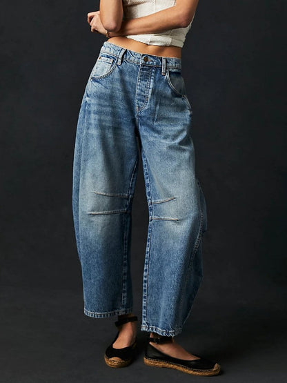Washed Mid Rise Loose Barrel Jeans