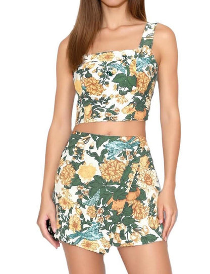Trendy Printed Top Asymmetrical Mini Skirt Set