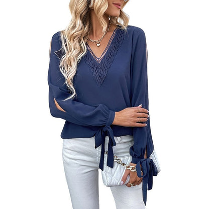 Long Sleeves V-Neck Solid Color Hollow Blouse Top