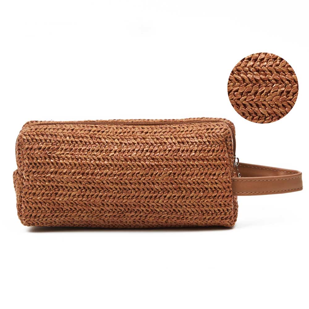 Solid Color Straw Weave Makeup Bag