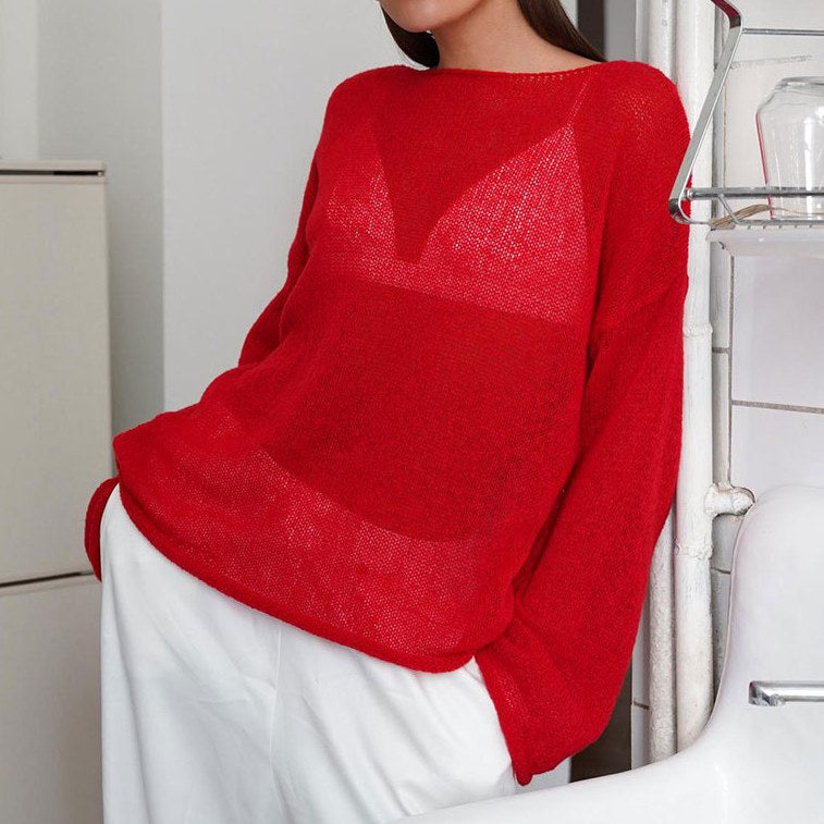 Solid Color See Through Flare Sleeves Knit Top