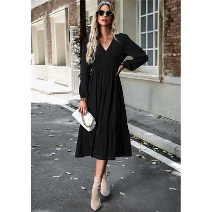 High Waist Solid Color V-Neck Dress