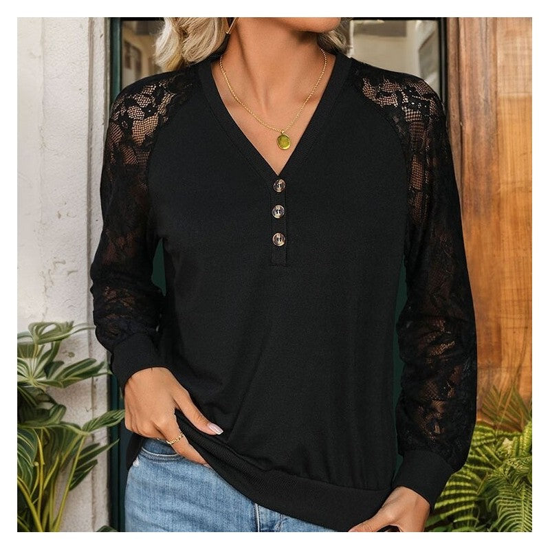 Black Long Sleeve Shirt With Lace Detail
