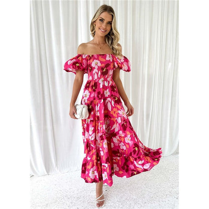 Boat Neck Short Sleeve Elastic Waist A-Line Long Dress