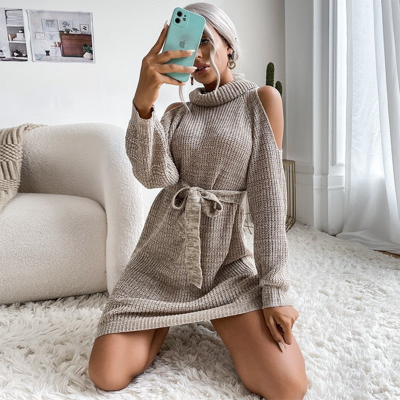 Solid Color Lace-Up Cutout Off-Shoulder Turtleneck Sweater Dress