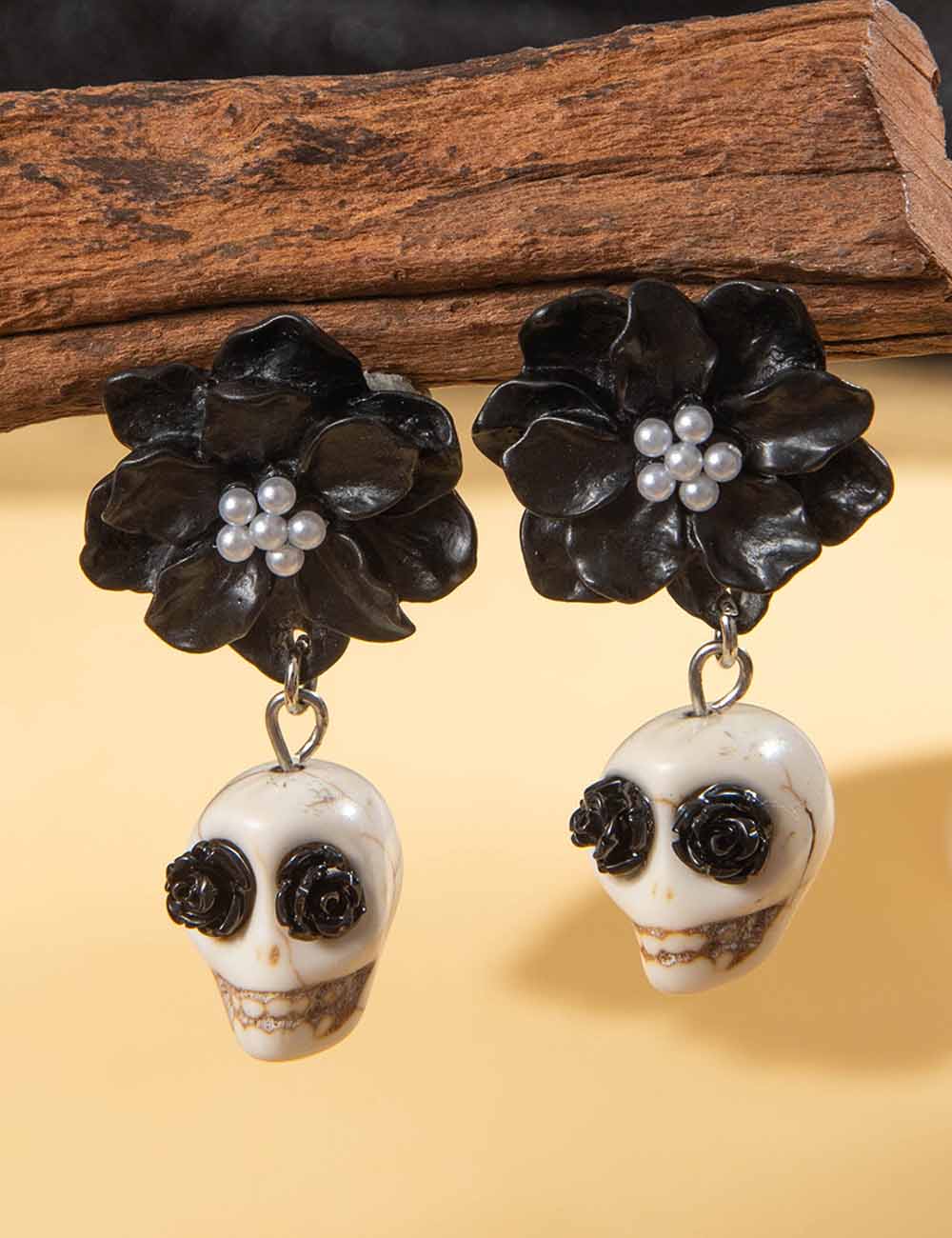 Gothic Black Camellia Skull Stud Earrings